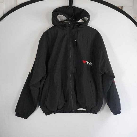 TYR Other - VTG TYR Windbreaker Puffer Jacket Hooded Black White Stripe Zip 90s S Oversized